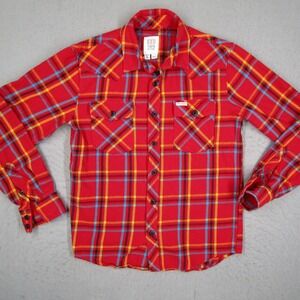 Topo Designs Men Red Plaid Organic Flannel Western Shirt Small Long Sleeve